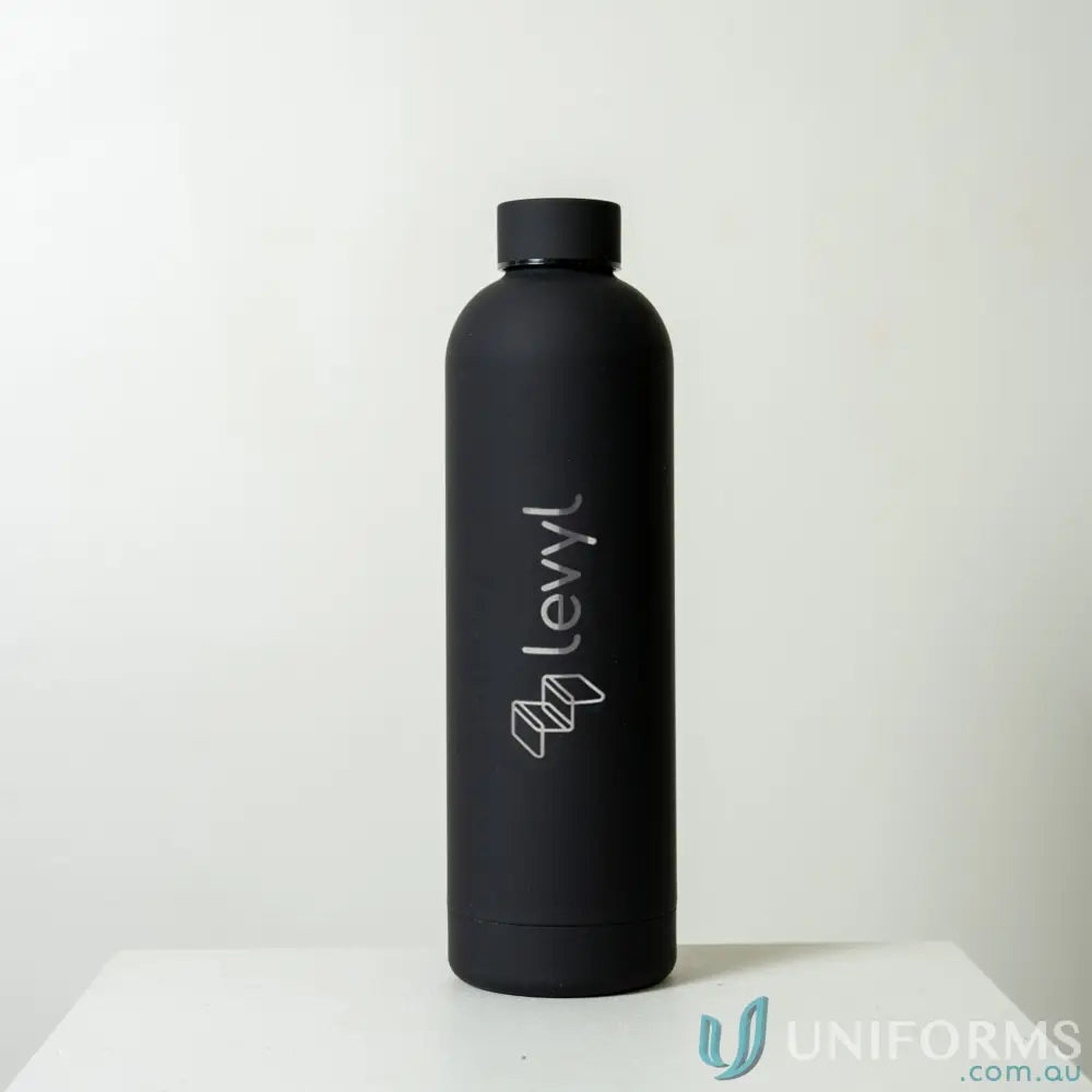 Black stainless steel water bottle with double-wall vacuum insulation for uniforms