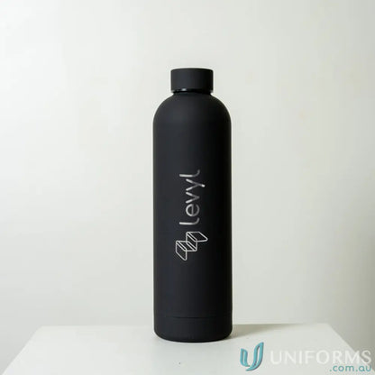 Black stainless steel water bottle with double-wall vacuum insulation for uniforms