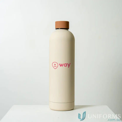 Beige Stainless Steel Double-Wall Vacuum Insulated Drink Bottle with Brown Cap