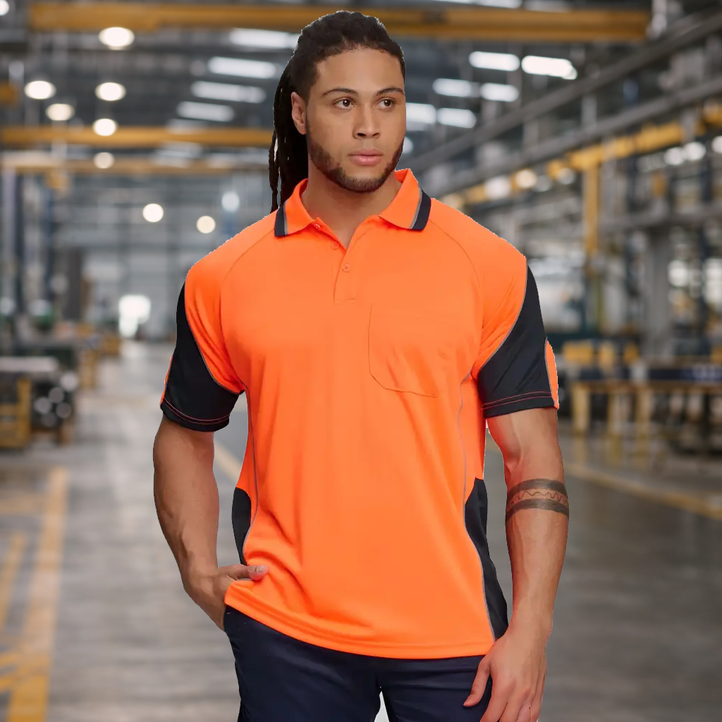 Alliance SS Safety Polo in bright orange black mini waffle fabric