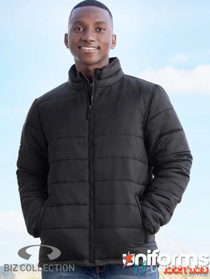 Black puffer jacket from Biz Collection men’s alpine jacket made with recycled pet polyester
