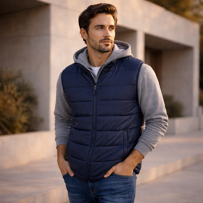Biz collection mens j211m alpine vest navy blue puffer with gray hood