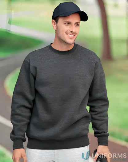 Man in gray crew neck fleece sweatshirt wearing a cap, perfect for casual uniforms