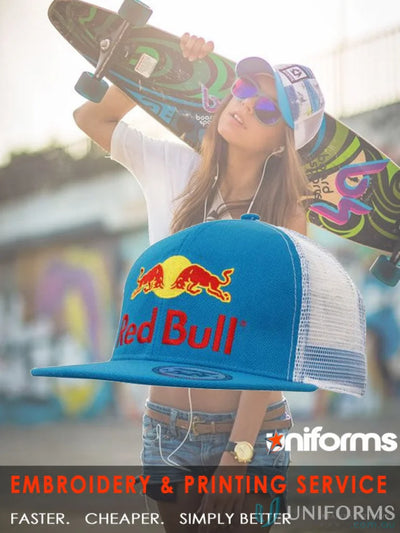 Blue Red Bull trucker hat from American Twil Mesh Snapback stock range, high inch wide centimeter fit