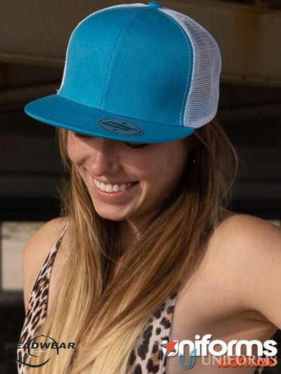 Turquoise and white trucker hat from the American Twil Mesh Snapback stock range, high inch design