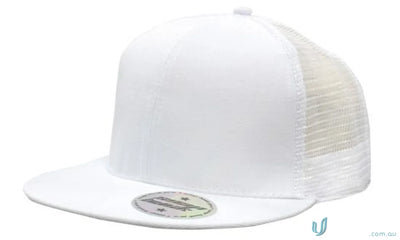 White flat-brimmed trucker hat from the American Twil Mesh Snapback stock range