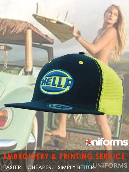 Dark blue and yellow HELLA cap from American Twill Mesh Snapback for uniforms workwear