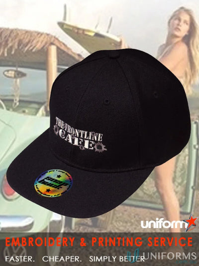 Black Black American Twill snap back cap perfect for uniforms and workwear