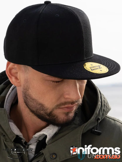 Black flat-brimmed cap from American Twill snap back, perfect for workwear or uniforms