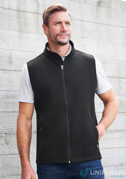 Black zippered Apex Softshell Vest from Biz Collection J830M perfect for cool days