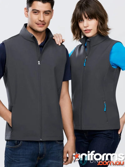 Two people wearing gray Apex Softshell Vest from Biz Collection J830M collection J830