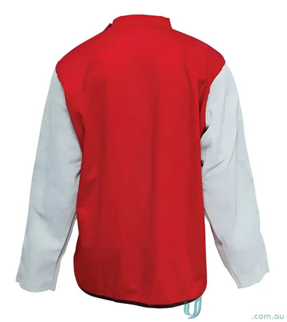 Red and gray Arcguard Welding Jacket with Leather Sleeves for welding protection
