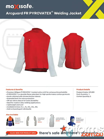 Red and white Arcguard Welding Jacket with Leather Sleeves for welding protection