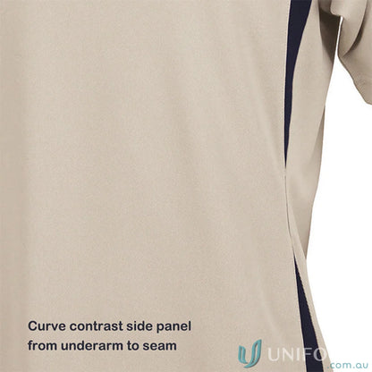 Tan Arctic Polo shirt with dark blue side panel, perfect for work uniforms