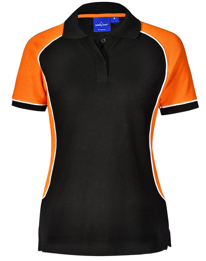 Black and orange tri-colour short sleeve Arena Polo with white trim, made of truedry® polyester