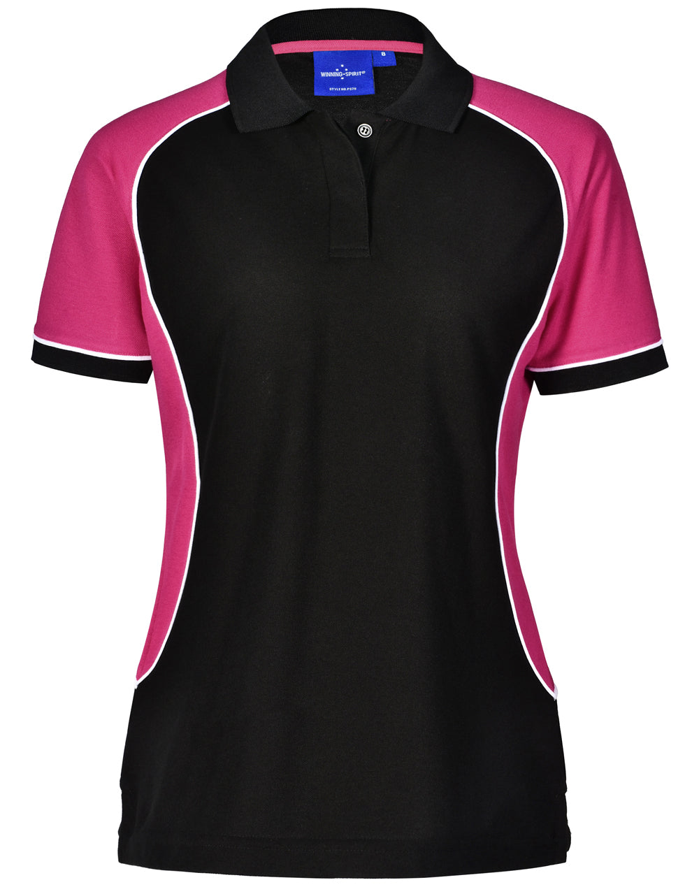 Black and pink tri-colour short sleeve Arena Polo with white trim and truedry® polo