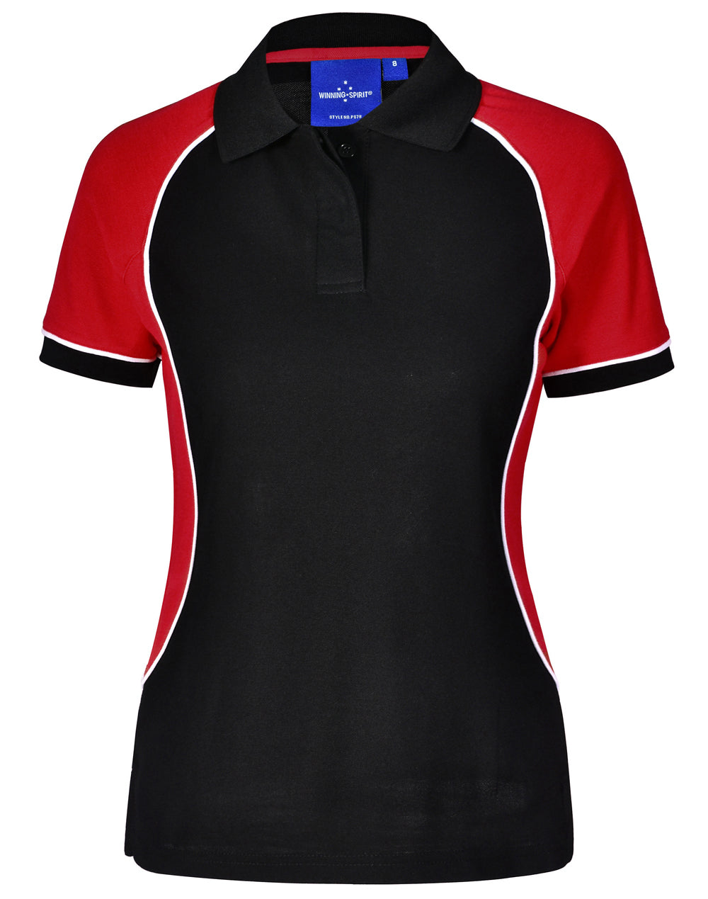 Black and red tri-colour short sleeve Arena Polo with white trim made of truedry® polyester