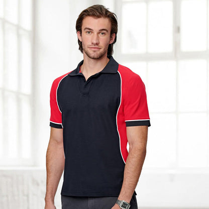 Red and navy tri-colour short sleeve Arena Polo with white piping and truedry® tech
