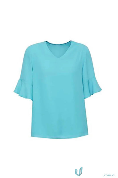 Aqua V-neck blouse with ruffled sleeves from the Aria Fluted Collection, perfect fluted sleeve blouse for workwear