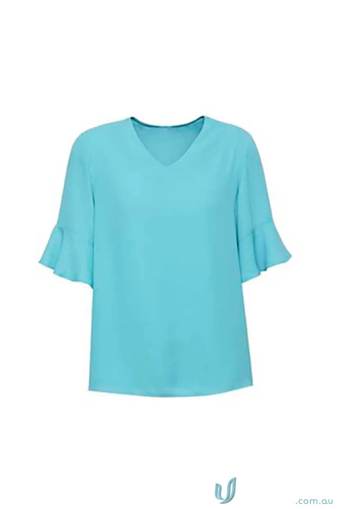 Aqua V-neck blouse with ruffled sleeves from the Aria Fluted Collection, perfect fluted sleeve blouse for workwear