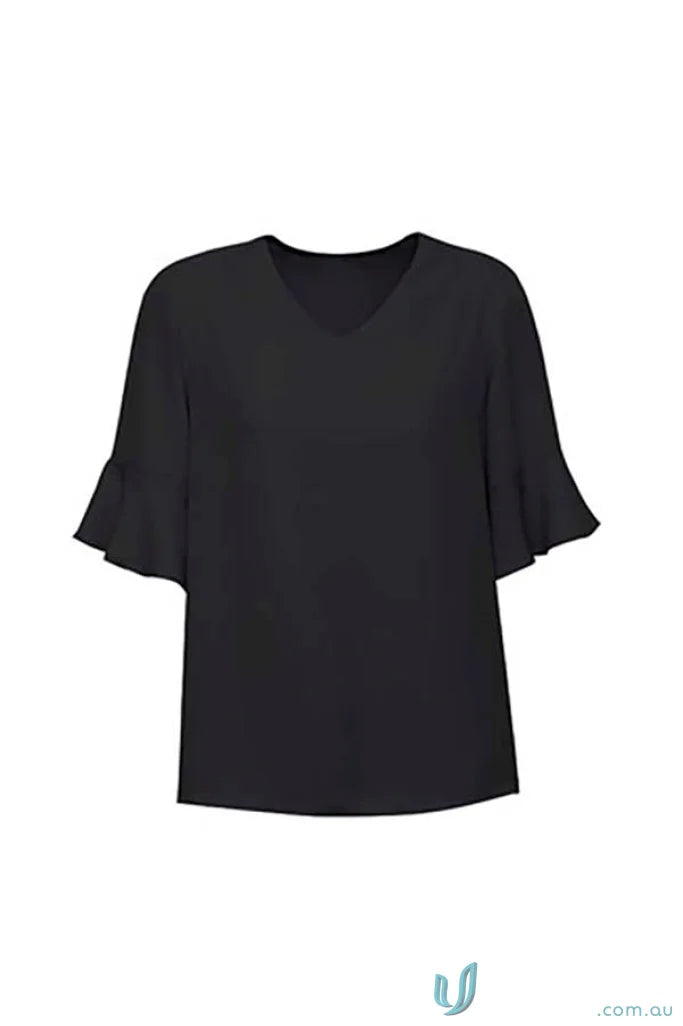 Black V-neck blouse with flutter sleeves from collection Aria Fluted, perfect fluted sleeve blouse for work