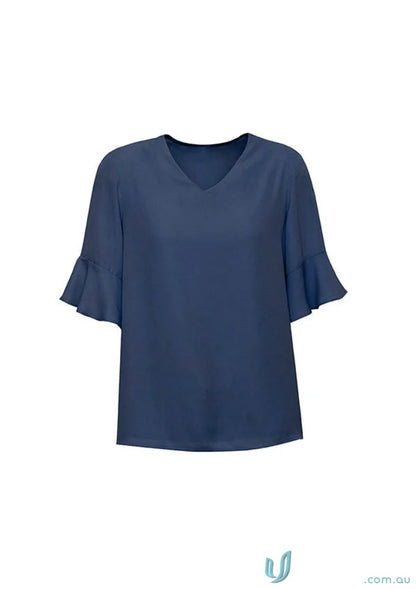 Blue V-neck Aria Fluted Blouse with ruffled sleeves, perfect fluted sleeve blouse for work