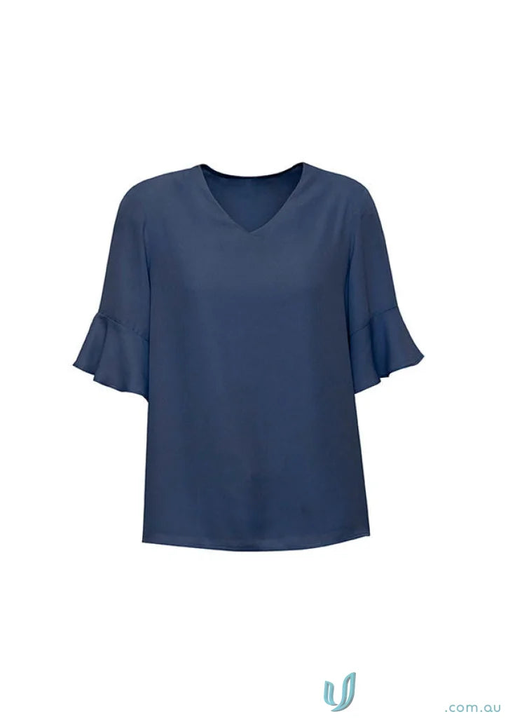 Blue V-neck Aria Fluted Blouse with ruffled sleeves, perfect fluted sleeve blouse for work
