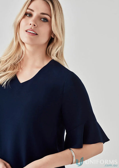 Navy V-neck blouse with fluted sleeves from Collection Aria Fluted, perfect fluted sleeve blouse for work