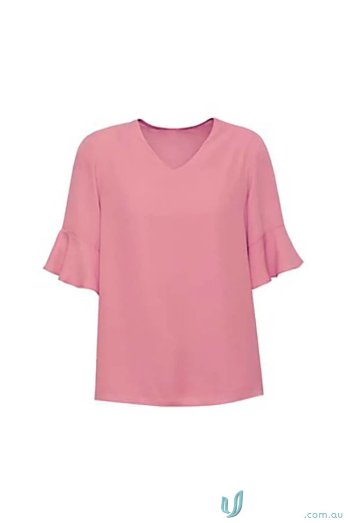 Pink V-neck blouse with ruffled sleeves from the Aria Fluted collection, perfect fluted sleeve blouse and workwear