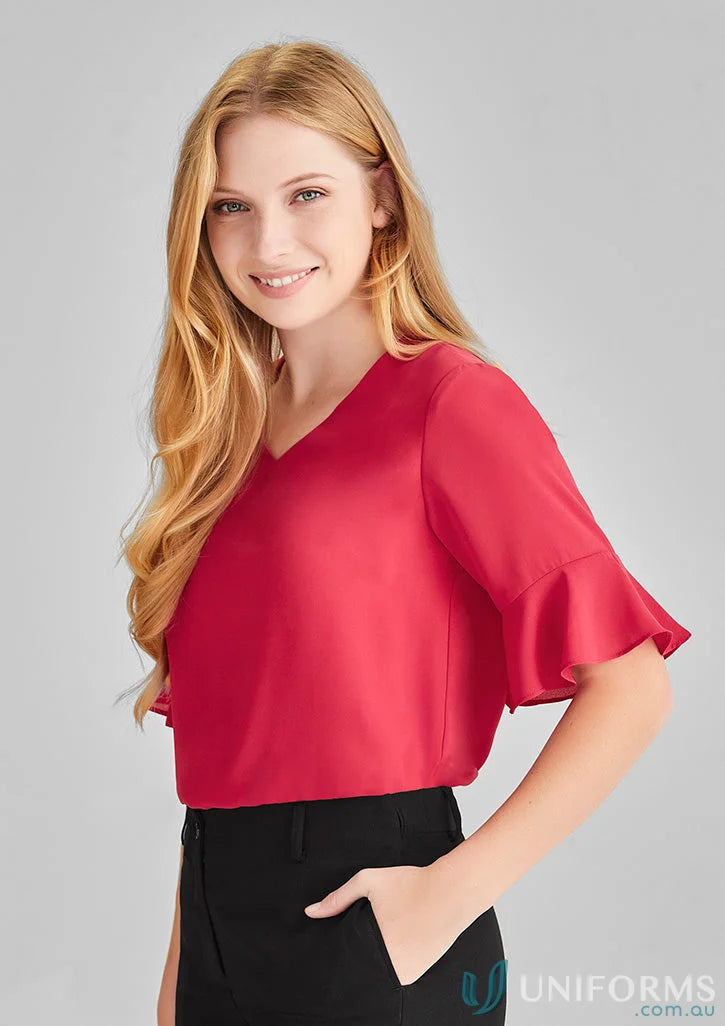 Red Aria Fluted Blouse with ruffled sleeves from Collection Aria Fluted, perfect fluted sleeve blouse for functional workwear