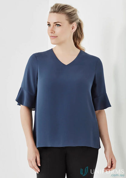 Woman’s blue Aria Fluted Blouse from collection Aria Fluted, stylish fluted sleeve blouse