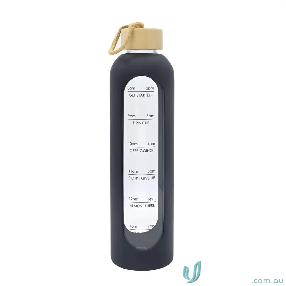 Black borosilicate glass water bottle with motivational time markers and silicone sleeve