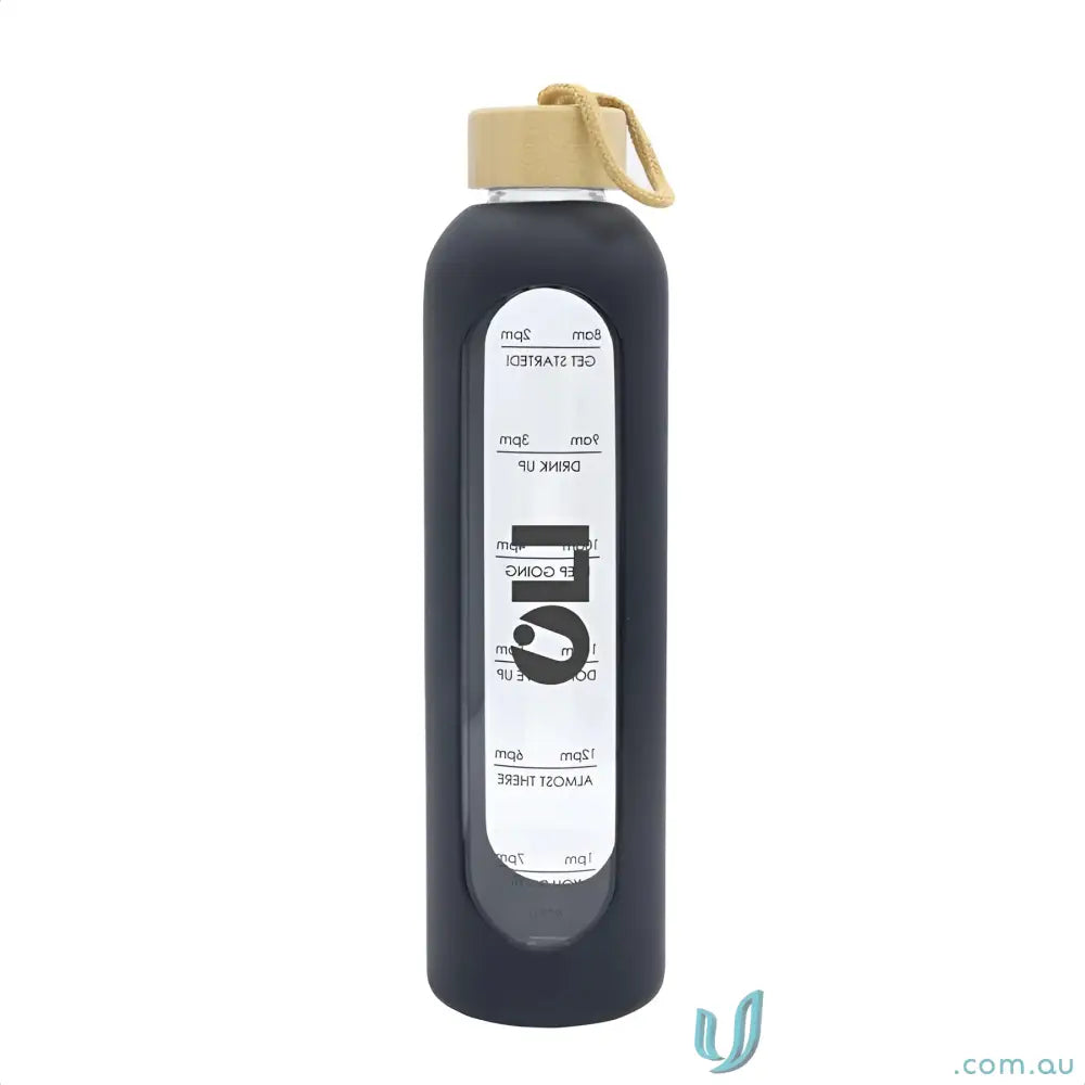 Black borosilicate glass water bottle with time markings and silicone sleeve