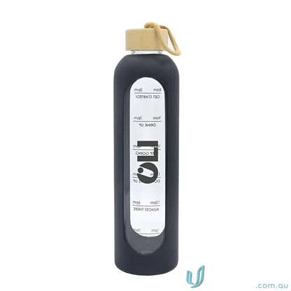 Black borosilicate glass water bottle with time markings and silicone sleeve