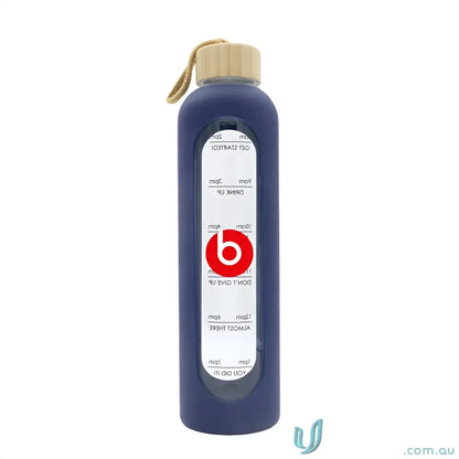 Blue borosilicate glass water bottle with motivational text and silicone sleeve