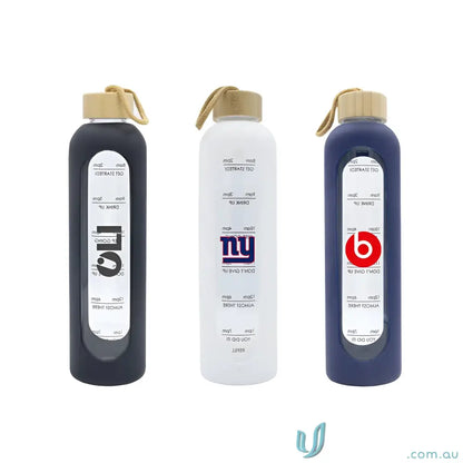 Three borosilicate glass water bottles with logos from the Arlo 1 Litre Glass Water Bottle series