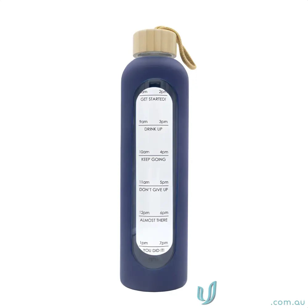 Blue borosilicate glass water bottle with time markings and silicone sleeve