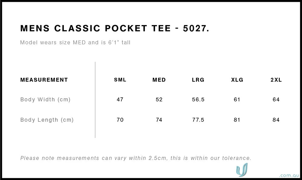 Men’s classic pocket tee size chart for work uniforms and workwear from AS Classic Pocket Tee