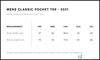 Men’s classic pocket tee size chart for work uniforms and workwear from AS Classic Pocket Tee