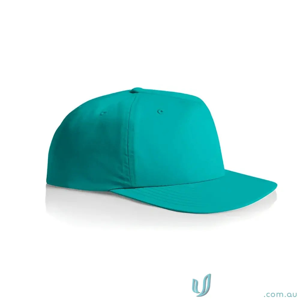 Teal recycled nylon surf cap with flat brim and plastic snapback for versatile wear