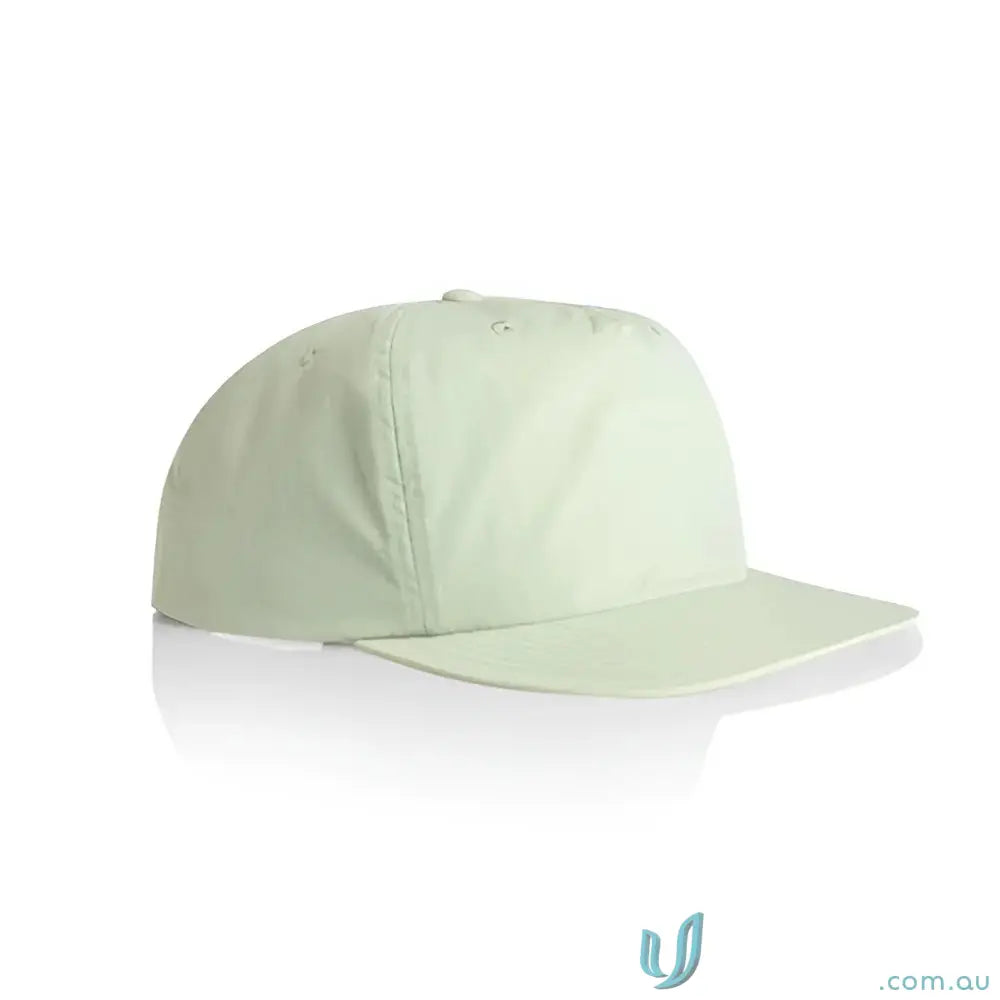 Light green recycled nylon surf cap with flat brim and plastic snapback for versatile style