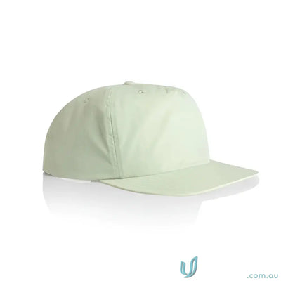 Light green recycled nylon surf cap with flat brim and plastic snapback for versatile style