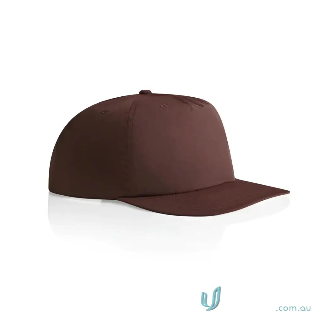 Solid brown recycled nylon surf cap with snapback and flat brim for versatile wear