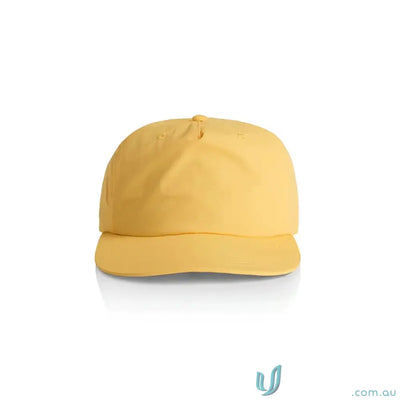 Yellow recycled nylon surf cap with soft crown and curved brim, plastic snapback