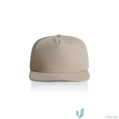 Light tan recycled nylon surf cap with flat brim and plastic snapback for versatile wear