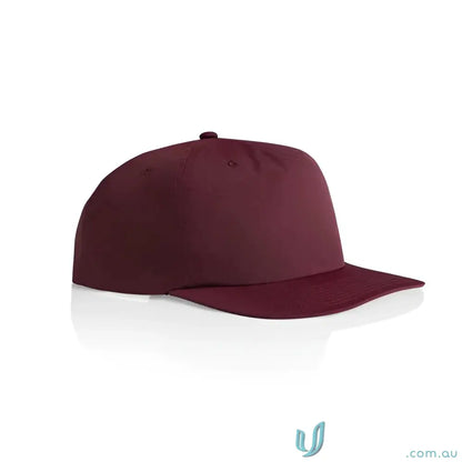 Maroon surf cap with flat brim, recycled nylon snapback, lightweight quick-dry plastic style