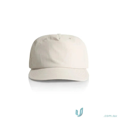 Light-colored recycled nylon surf cap with soft crown and curved brim, plastic snapback