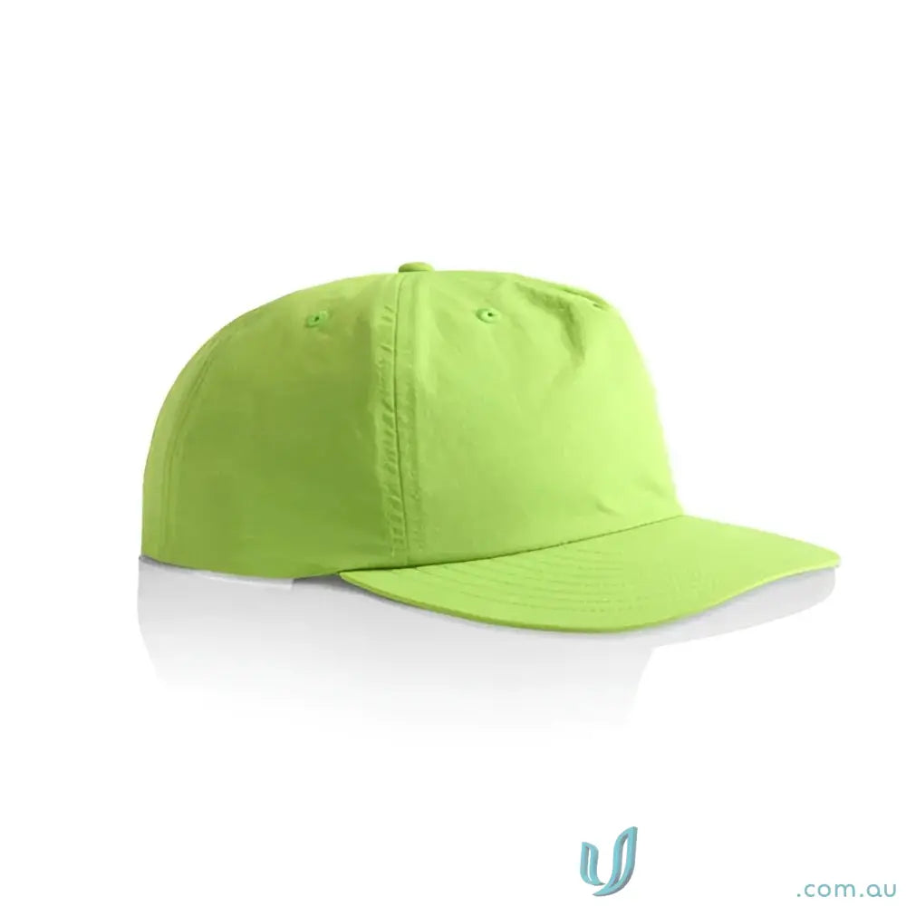 Lime green recycled nylon surf cap with flat brim and plastic snapback for versatile wear