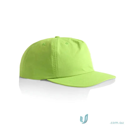 Lime green recycled nylon surf cap with flat brim and plastic snapback for versatile wear