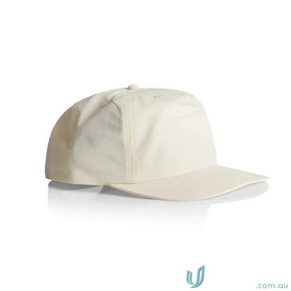 Light beige surf cap with flat brim made from recycled nylon and plastic snapback